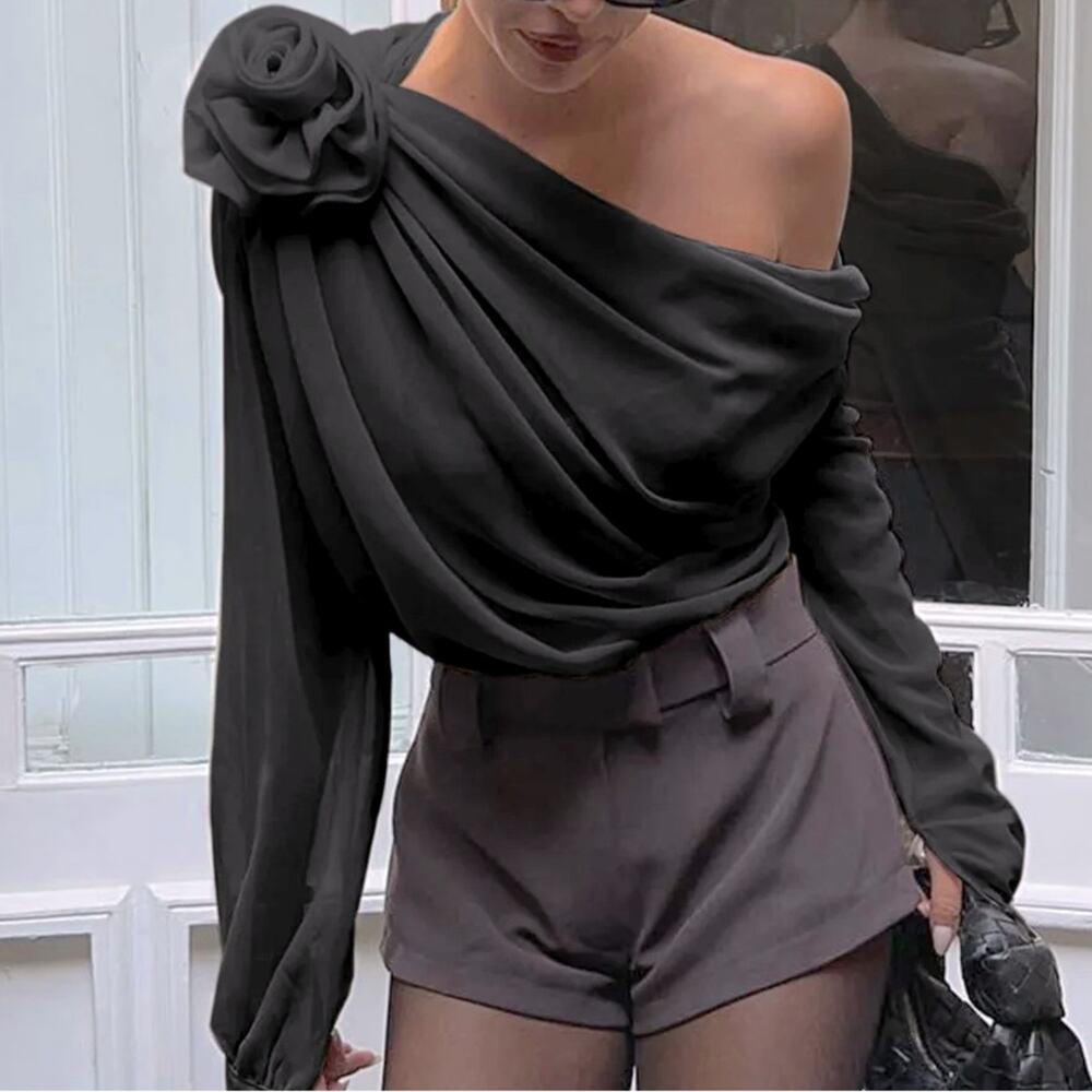 Commense Black One-Shoulder Draped Blouse with Rosette